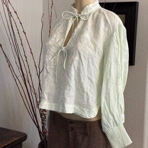 ANTHROPOLOGIE short waisted puffed sleeve deep V-neck double tie front BLOUSE